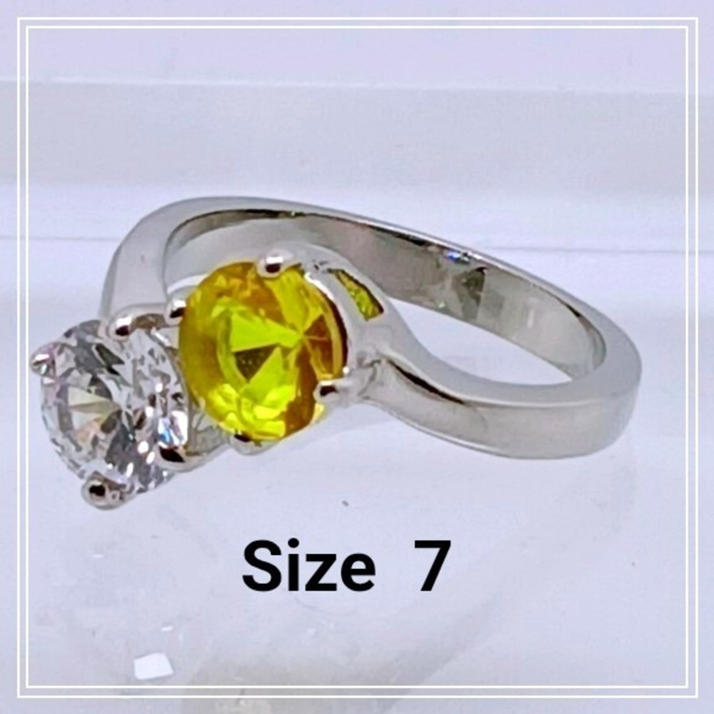 Silver Tone Bypass Ring Two Stone Yellow Sapphire‎ Clear CZ Round Cut Size 7